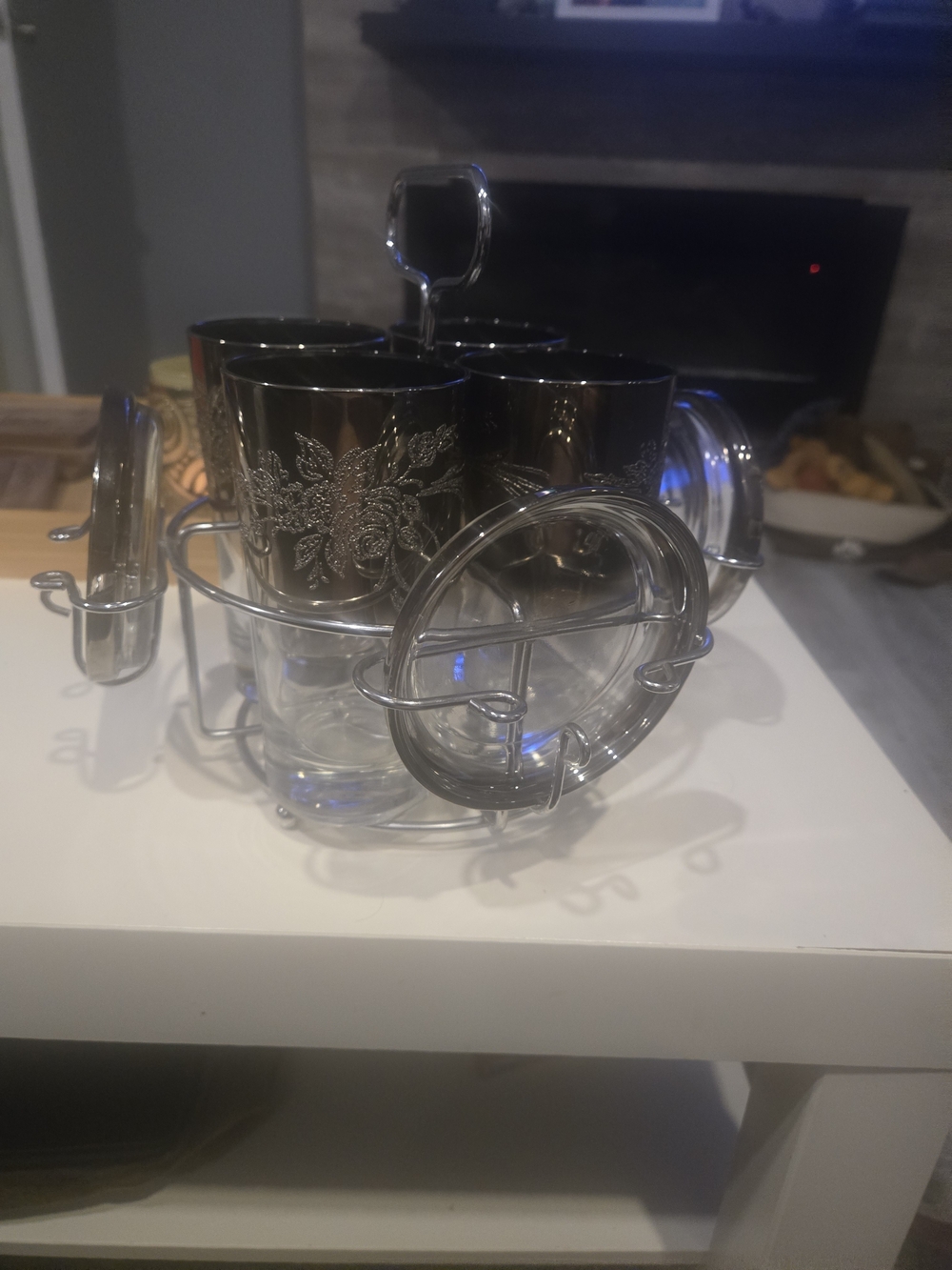 Vintage MCM Silver Rose Fade Highball Glass Caddy Set with Coasters 9 Pc